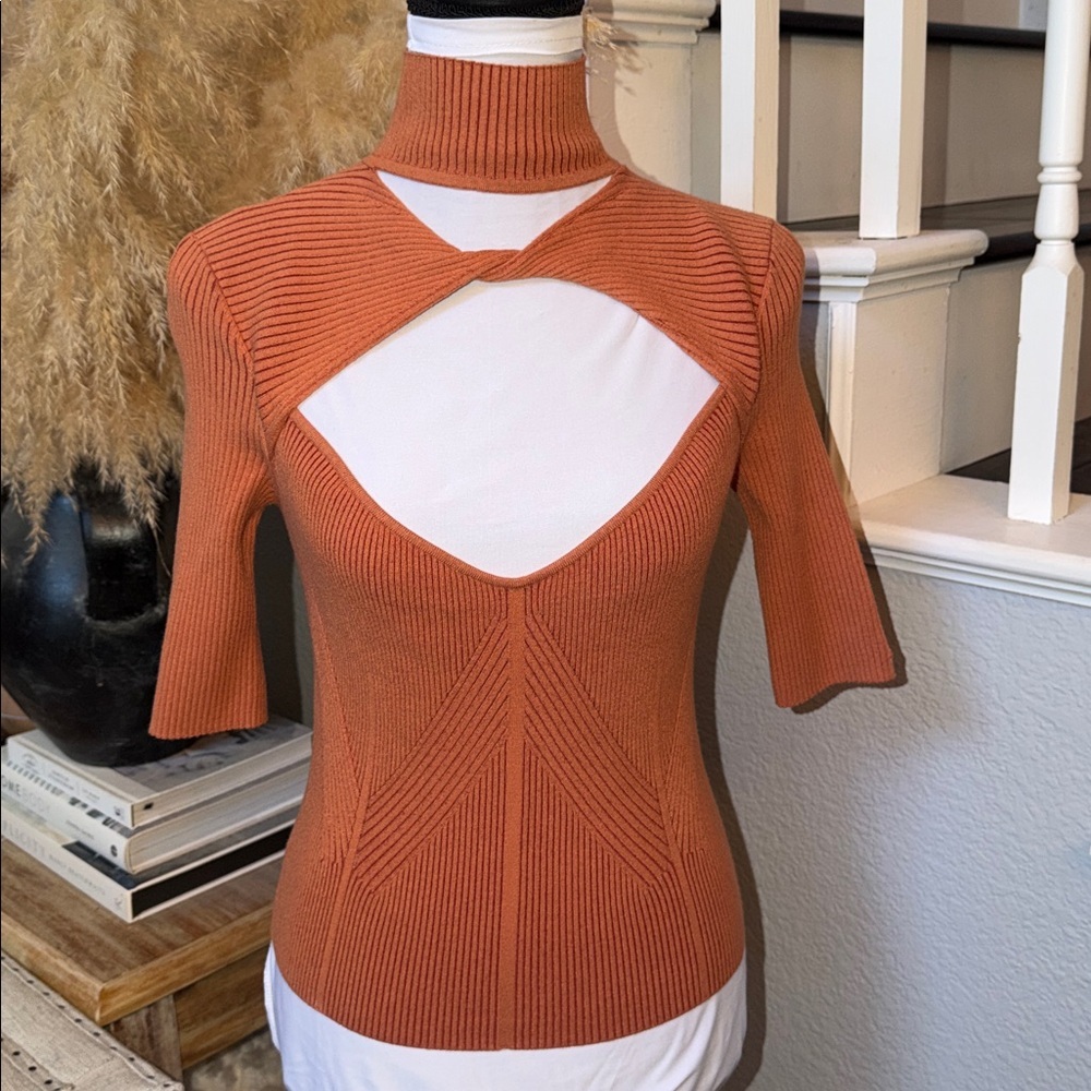 Bailey 44 Cutout Keyhole Ribbed Knit Top Rust Orange Size Small